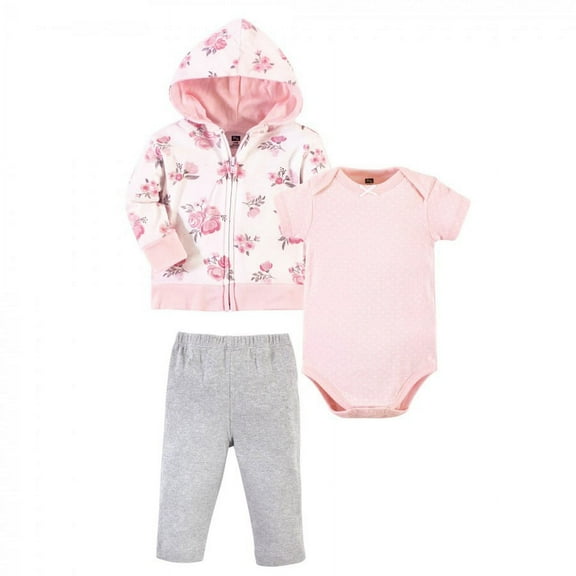 Hudson Baby Infant and Toddler Girl Cotton Hoodie, Bodysuit or Tee Top and Pant Set, Pink Floral Baby, 0-3 Months