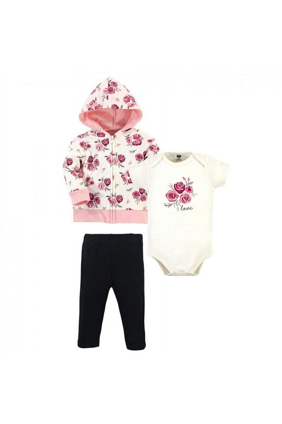 Infant and Toddler Girl Cotton Hoodie, Bodysuit or Tee Top and Pant Set, Rose Baby, 3-6 Months