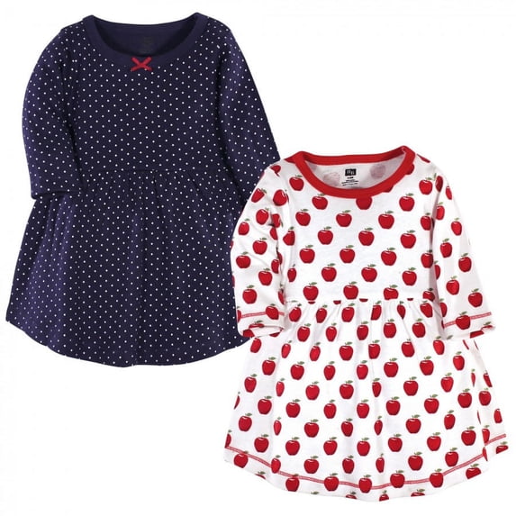Hudson Baby Infant and Toddler Girl Cotton Long-Sleeve Dresses 2pk, Apple, 5 Toddler