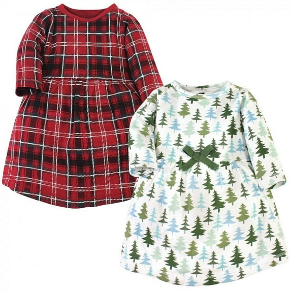 Hudson Baby Infant and Toddler Girl Cotton Long-Sleeve Dresses 2pk, Evergreen Trees, 3-6 Months