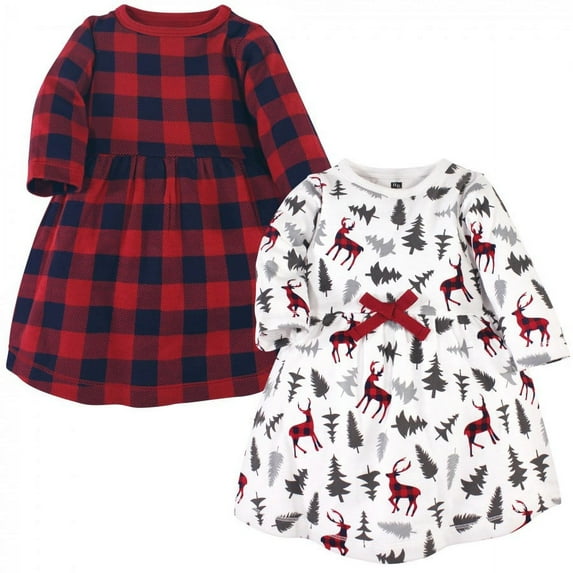 Hudson Baby Infant and Toddler Girl Cotton Long-Sleeve Dresses 2pk, Forest Deer, 9-12 Months