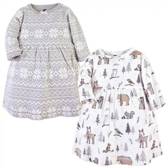 Hudson Baby Infant and Toddler Girl Cotton Long-Sleeve Dresses 2pk, Gray Winter Forest, 0-3 Months