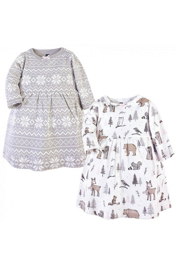 Infant and Toddler Girl Cotton Long-Sleeve Dresses 2pk, Gray Winter Forest, 3-6 Months