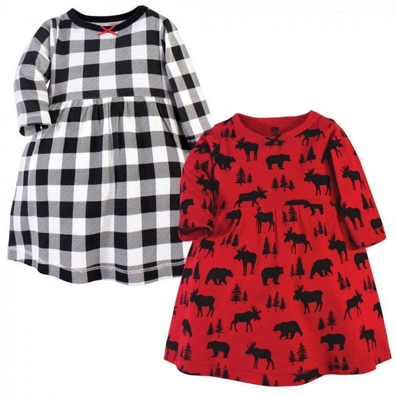 Hudson Baby Infant and Toddler Girl Cotton Long-Sleeve Dresses 2pk, Red Moose Bear, 9-12 Months