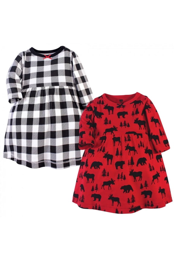 Infant and Toddler Girl Cotton Long-Sleeve Dresses 2pk, Red Moose Bear, 9-12 Months