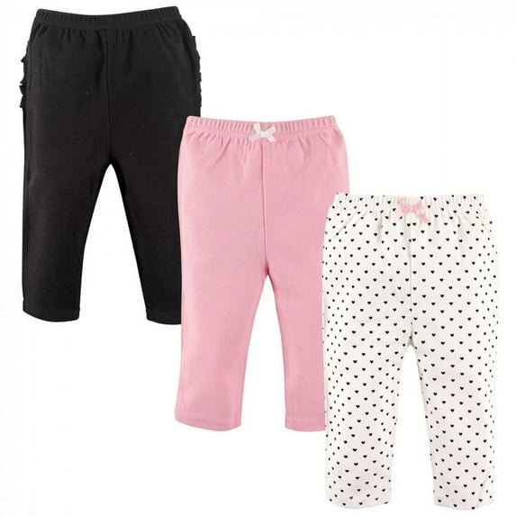 Hudson Baby Infant and Toddler Girl Cotton Pants 3pk, Black Hearts, 6-9 Months