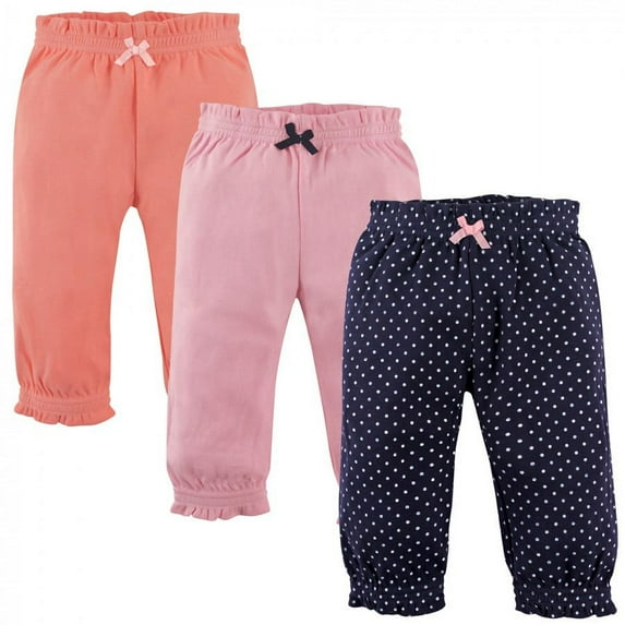 Hudson Baby Infant and Toddler Girl Cotton Pants 3pk, Navy Polka Dots, 0-3 Months