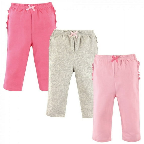 Hudson Baby Infant and Toddler Girl Cotton Pants 3pk, Pink Gray, 0-3 Months