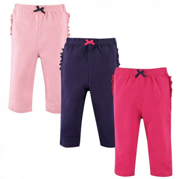 Hudson Baby Infant and Toddler Girl Cotton Pants 3pk, Pink Navy, 9-12 Months