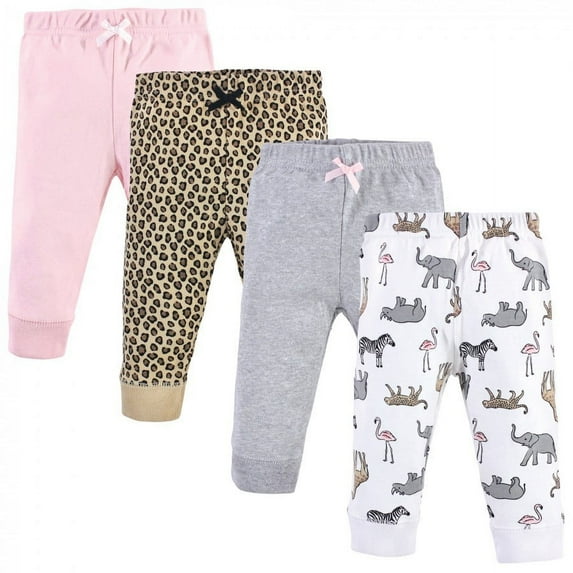 Hudson Baby Infant and Toddler Girl Cotton Pants 4pk, Modern Pink Safari, 0-3 Months