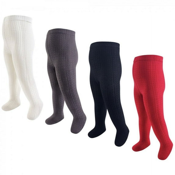 Hudson Baby Infant and Toddler Girl Cotton Rich Tights, Red Navy Cableknit, 9-18 Months