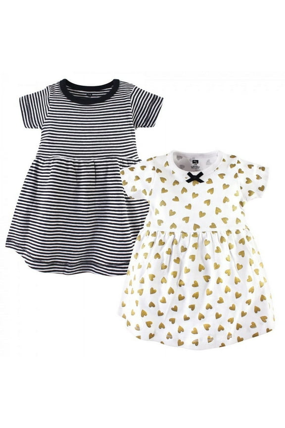 Infant and Toddler Girl Cotton Short-Sleeve Dresses 2pk, Black Gold Heart, 3-6 Months