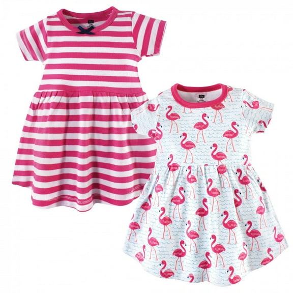 Hudson Baby Infant and Toddler Girl Cotton Short-Sleeve Dresses 2pk, Bright Flamingo, 2 Toddler