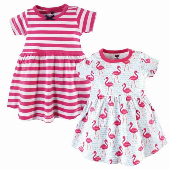 Hudson Baby Infant and Toddler Girl Cotton Short-Sleeve Dresses 2pk, Bright Flamingo, 6-9 Months