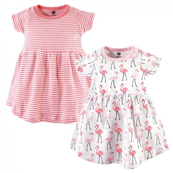 Hudson Baby Infant and Toddler Girl Cotton Short-Sleeve Dresses 2pk, Flamingos, 3 Toddler