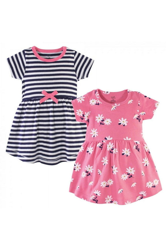 Infant and Toddler Girl Cotton Short-Sleeve Dresses 2pk, Pink Daisy, 3-6 Months