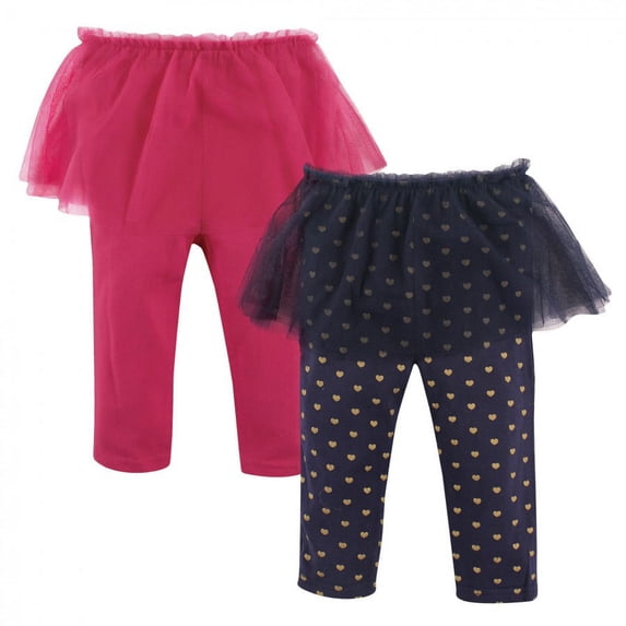Hudson Baby Infant and Toddler Girl Cotton Tutu Leggings 2pk, Dark Pink Navy Hearts, 6-9 Months