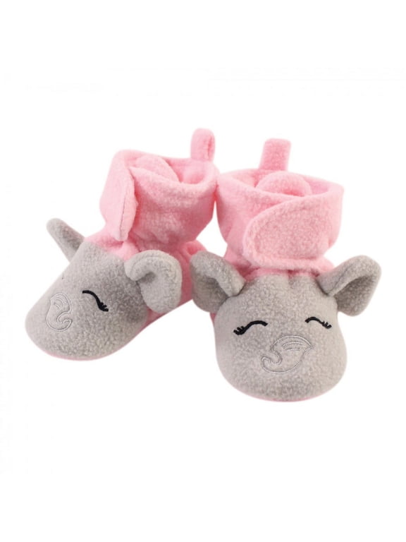 Infant and Toddler Girl Cozy Fleece Booties, Pink Gray Elephant, 18-24 Months