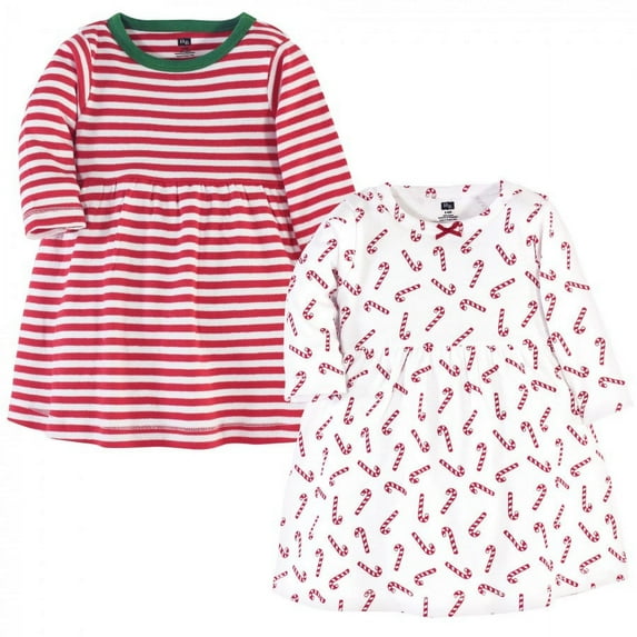Hudson Baby Infant and Toddler Girl Long-Sleeve Cotton Dresses 2pk, Candy Cane, 3-6 Months