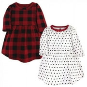 Hudson Baby Infant and Toddler Girl Long-Sleeve Cotton Dresses 2pk, Classic Holiday, 0-3 Months