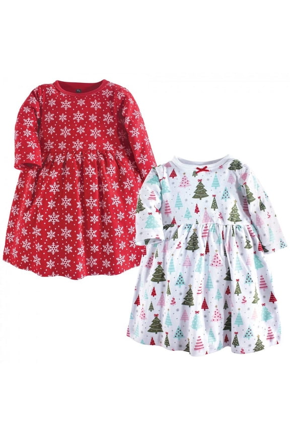 Infant and Toddler Girl Long-Sleeve Cotton Dresses 2pk, Sparkle Trees, 5 Toddler