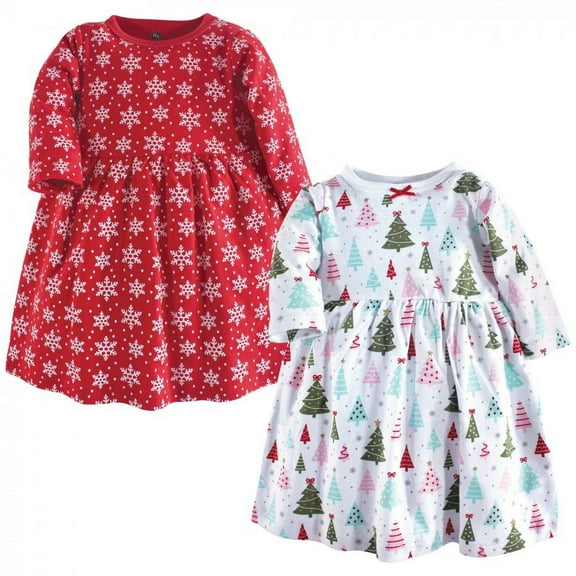 Hudson Baby Infant and Toddler Girl Long-Sleeve Cotton Dresses 2pk, Sparkle Trees, 9-12 Months