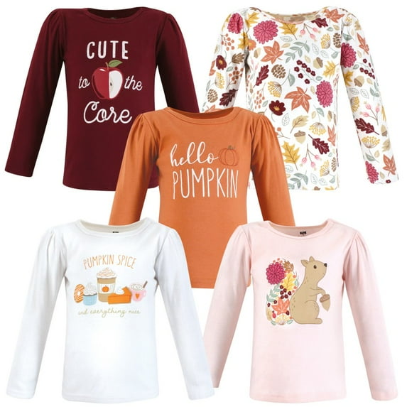 Hudson Baby Infant and Toddler Girl Long Sleeve T-Shirts, Fall Pumpkin Spice, 5 Toddler