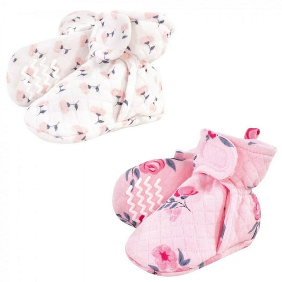 Hudson Baby Infant and Toddler Girl Quilted Booties 2pk, Pink Navy Floral, 12-18 Months