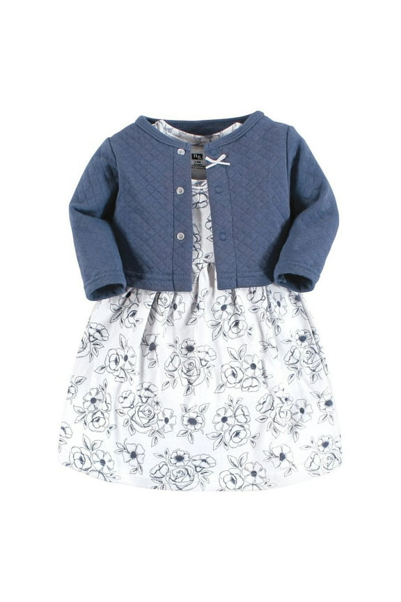Infant and Toddler Girl Quilted Cardigan and Dress, Blue Toile, 9-12 Months