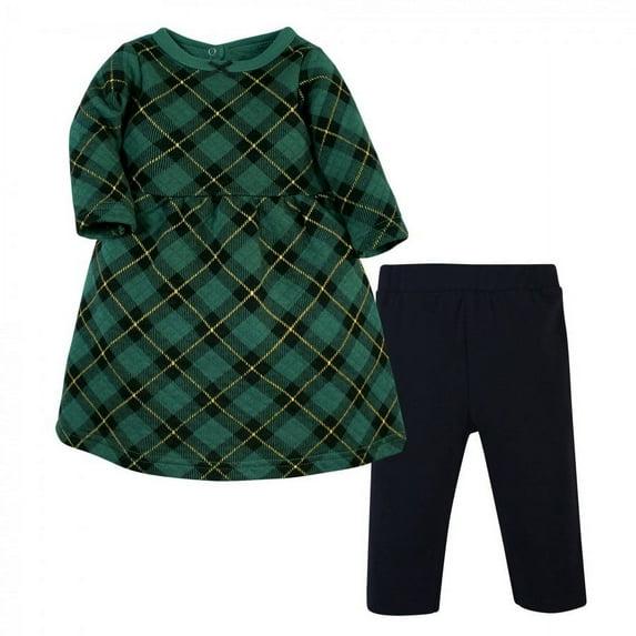 Hudson Baby Infant and Toddler Girl Quilted Cotton Dress and Leggings, Forest Green Plaid, 2 Toddler