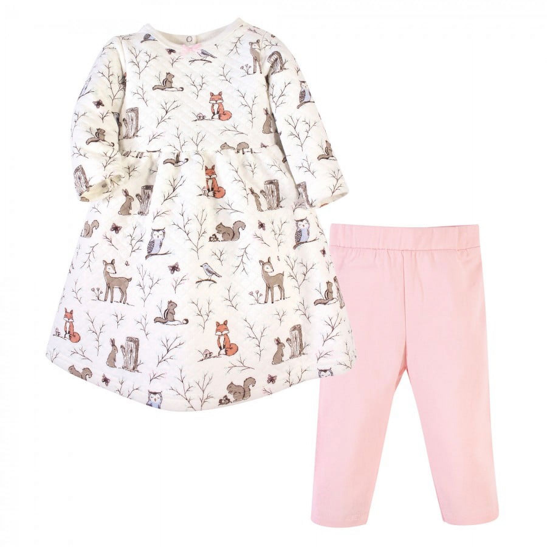Hudson Baby Infant and Toddler Girl Quilted Cotton Long-Sleeve Dress and Leggings 2pc Set, Enchanted Forest, 0-3 Months