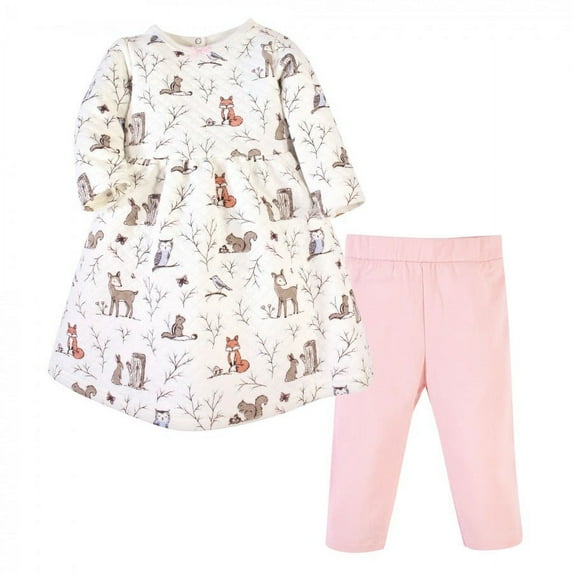 Hudson Baby Infant and Toddler Girl Quilted Cotton Long-Sleeve Dress and Leggings 2pc Set, Enchanted Forest, 3 Toddler