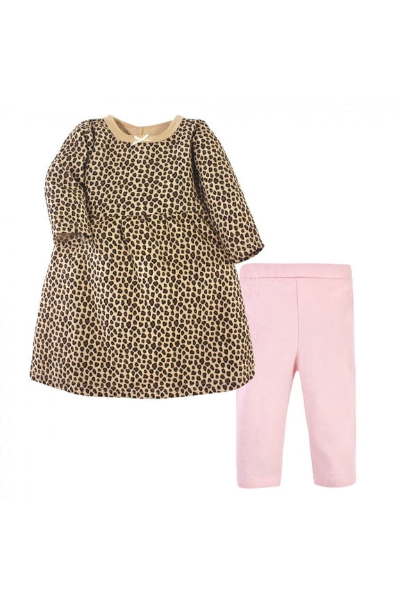 Infant and Toddler Girl Quilted Cotton Long-Sleeve Dress and Leggings 2pc Set, Leopard Pink, 9-12 Months