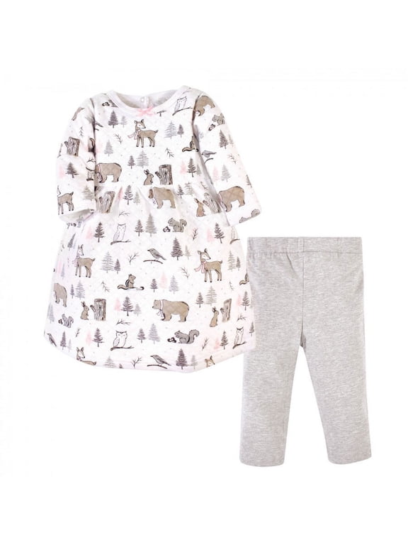 Infant and Toddler Girl Quilted Cotton Long-Sleeve Dress and Leggings 2pc Set, Winter Forest, 3-6 Months
