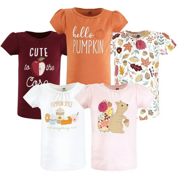 Hudson Baby Infant and Toddler Girl Short Sleeve T-Shirts, Fall Pumpkin Spice, 6-12 Months