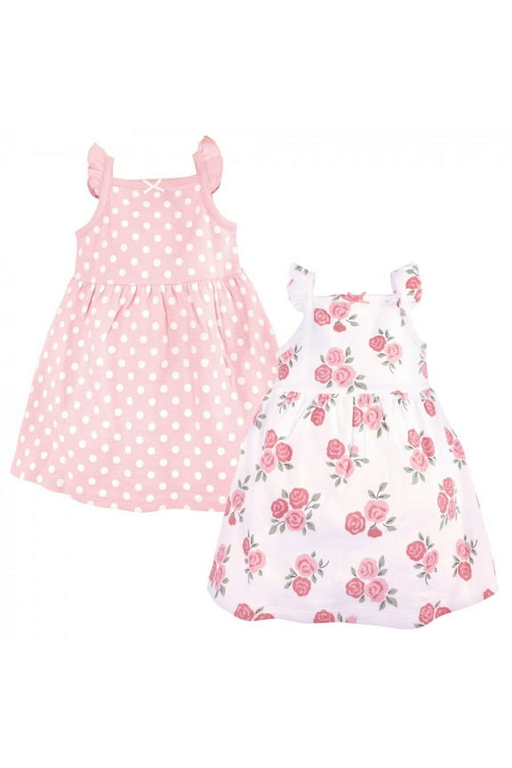Infant and Toddler Girl Sleeveless Cotton Dresses 2pk, Soft Pink Roses, 3 Toddler