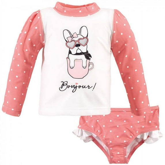 Hudson Baby Infant and Toddler Girl Swim Rashguard Set, Bonjour, 3-6 Months