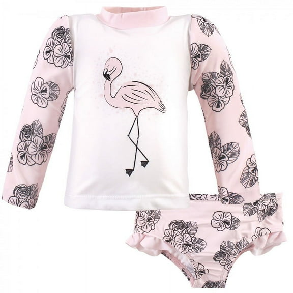 Hudson Baby Infant and Toddler Girl Swim Rashguard Set, Floral Flamingo, 3-6 Months