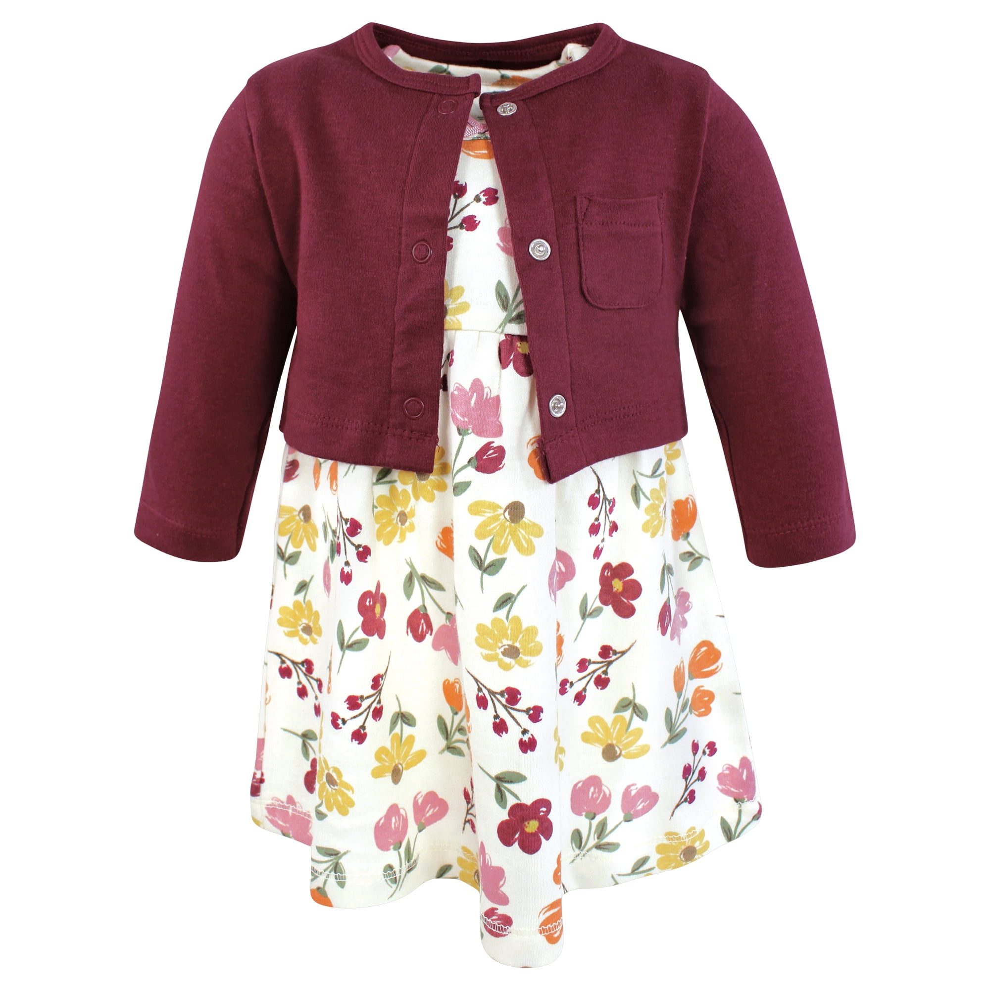 Hudson Baby Infant and Toddler Girls Cotton Dress and Cardigan Set, Autumn Floral, 3T