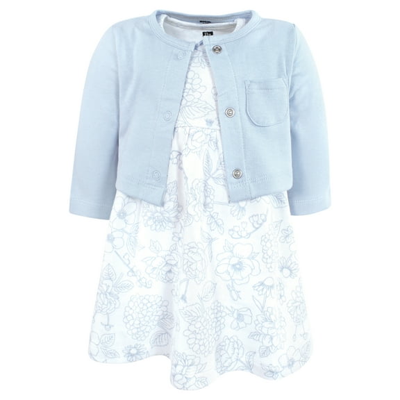 Hudson Baby Infant and Toddler Girls Cotton Dress and Cardigan Set, Baby Blue Blossom, 0-3 Months