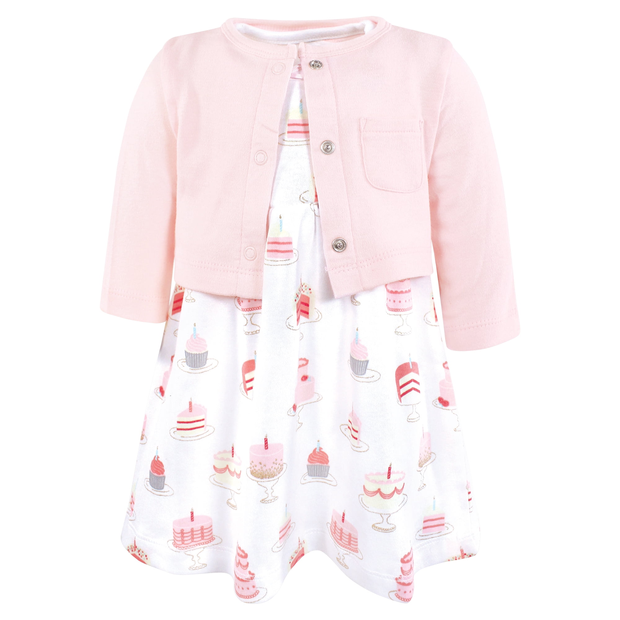 Hudson Baby Infant and Toddler Girls Cotton Dress and Cardigan Set, Birthday Cake, 6-9 Months