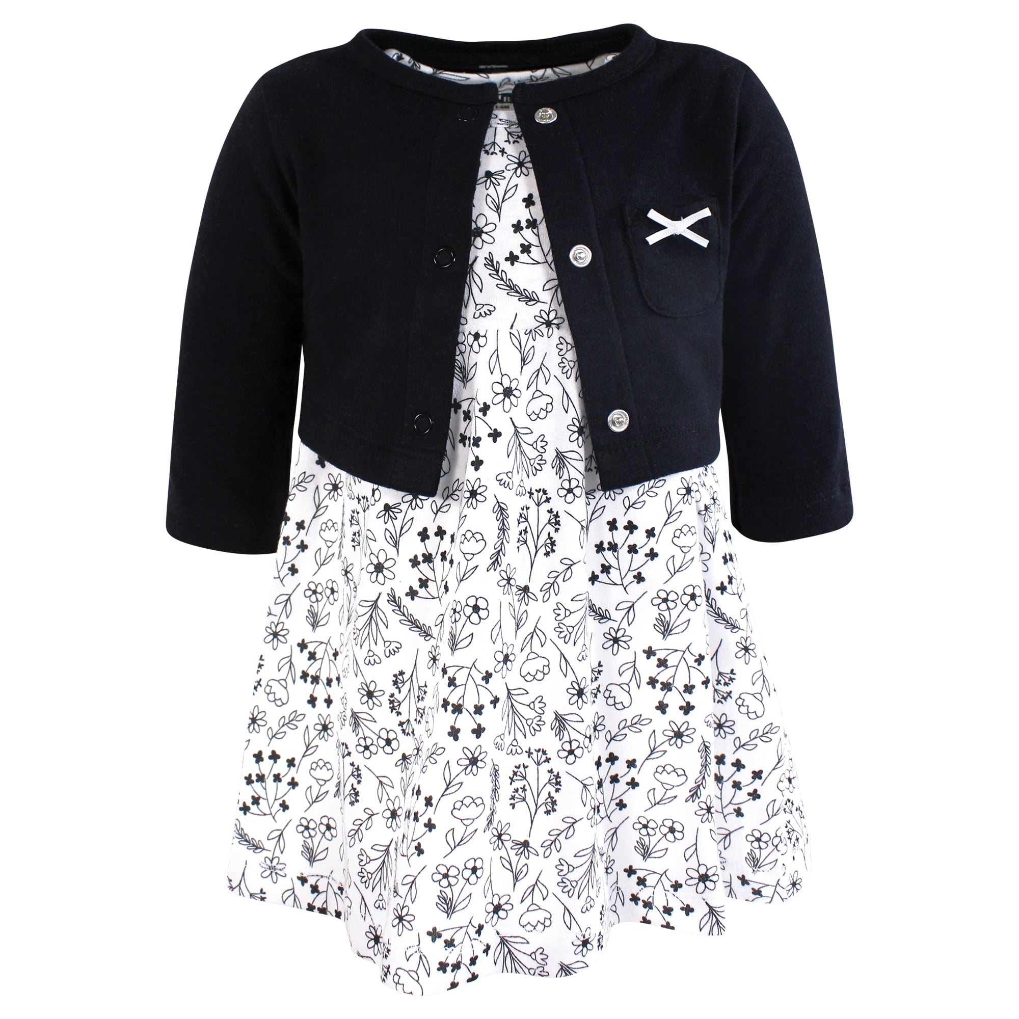black white infant dresses Hudson Baby and Toddler Girls Cotton Dress and Cardigan Set, Flowers, 0-3 Months Size:3X (22-24) 10 Years (150cm) 76 Icon:ykk zip A-Line Illusion Neck Long