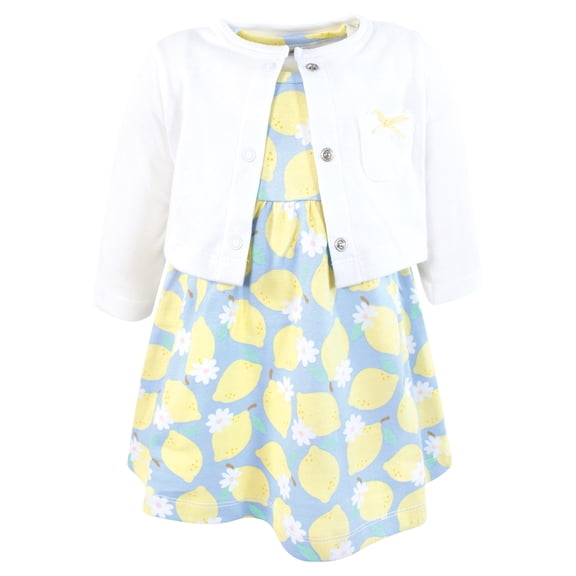 Hudson Baby Infant and Toddler Girls Cotton Dress and Cardigan Set, Blue Lemons, 6-9 Months