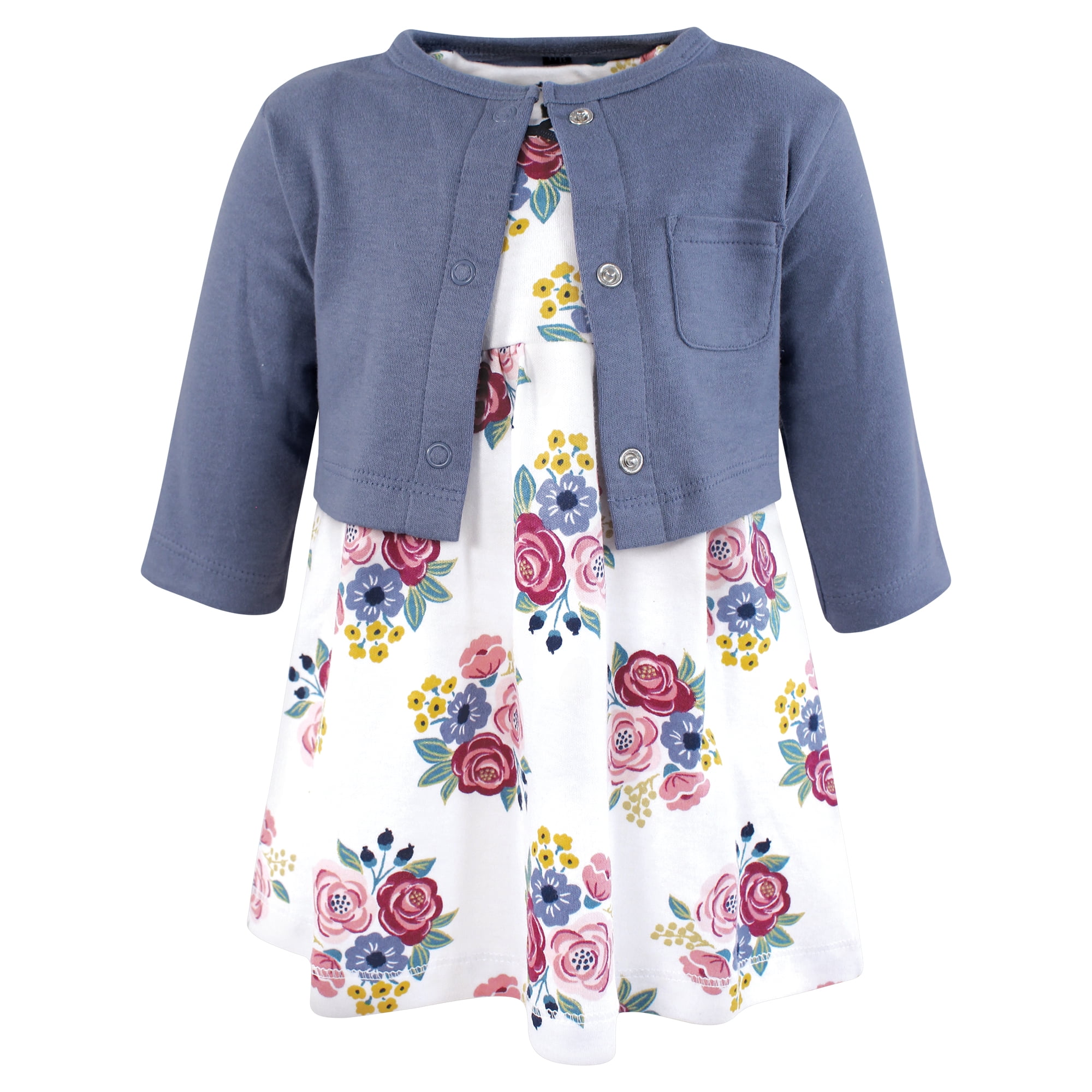 Hudson Baby Infant and Toddler Girls Cotton Dress and Cardigan Set, Blush Navy Floral, 2T
