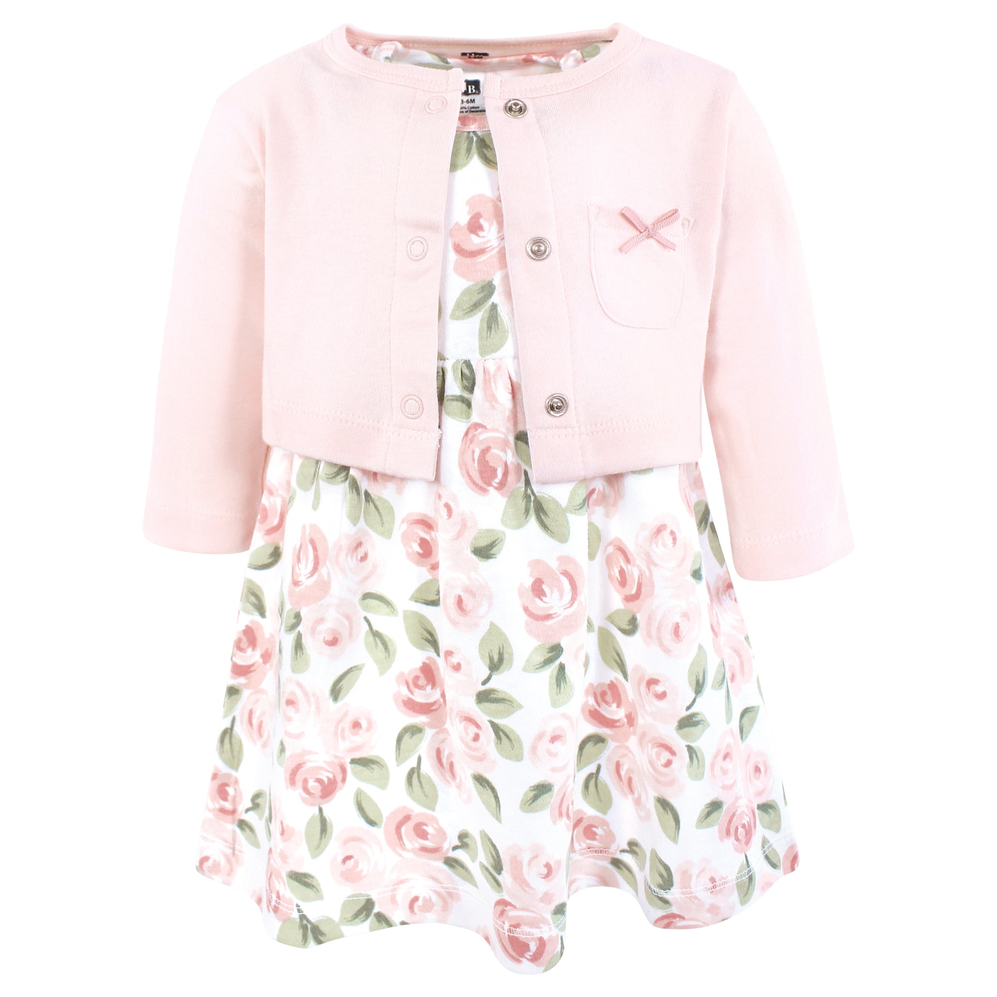 Hudson Baby Infant and Toddler Girls Cotton Dress and Cardigan Set, Blush Pink Floral, 3T