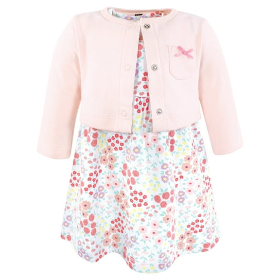 Hudson Baby Infant and Toddler Girls Cotton Dress and Cardigan Set, Bright Pink Flower Field, 0-3 Months