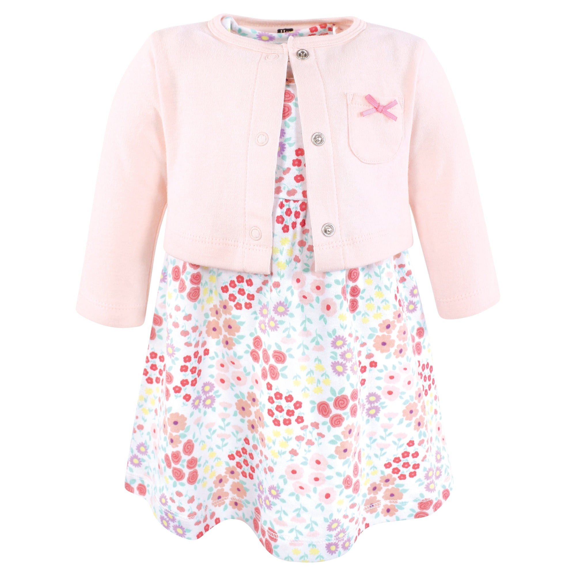 Hudson Baby Infant and Toddler Girls Cotton Dress and Cardigan Set, Bright Pink Flower Field, 12-18 Months