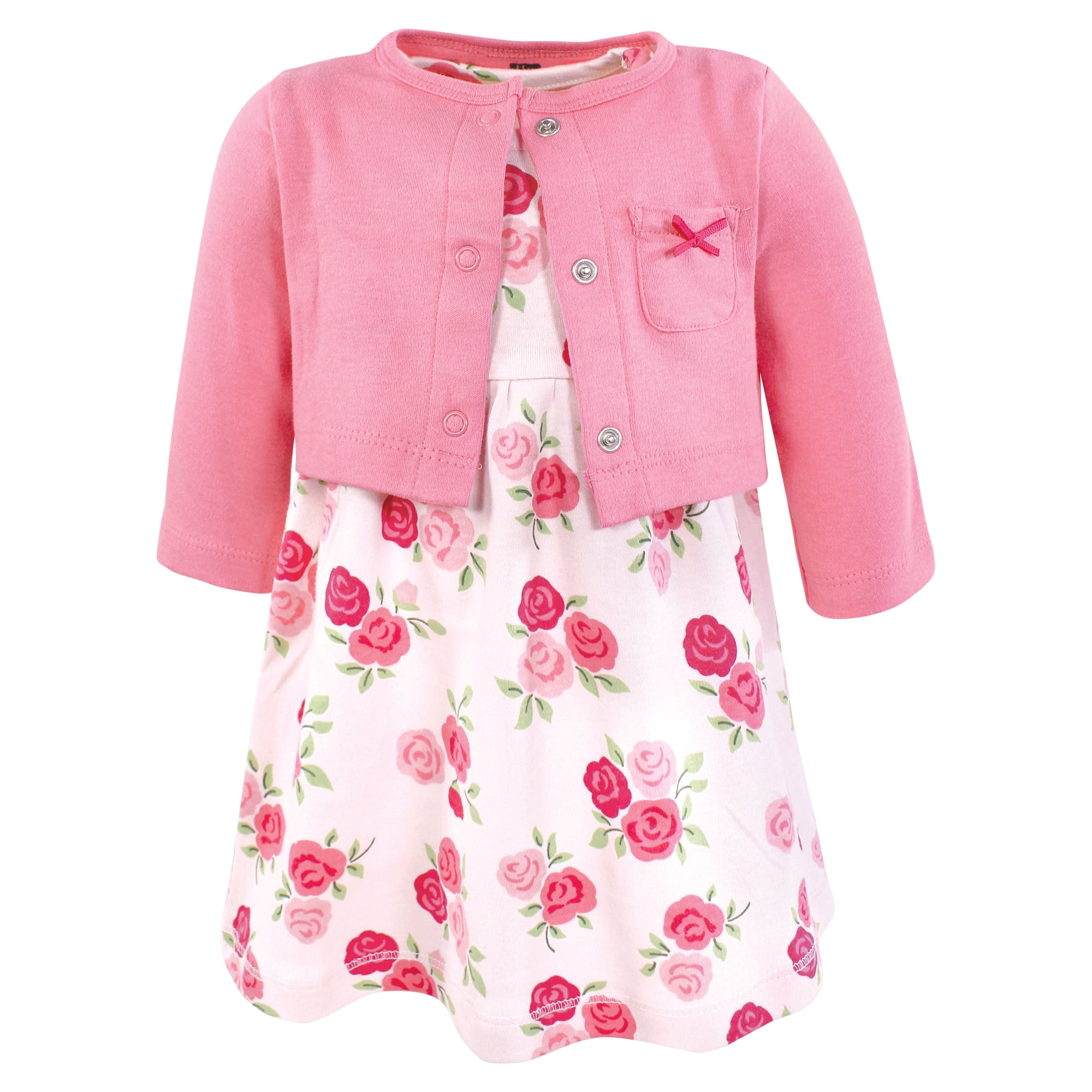 Hudson Baby Infant and Toddler Girls Cotton Dress and Cardigan Set, Bright Pink Rose, 0-3 Months
