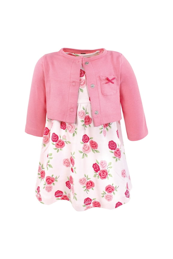 Infant and Toddler Girls Cotton Dress and Cardigan Set, Bright Pink Rose, 3-6 Months