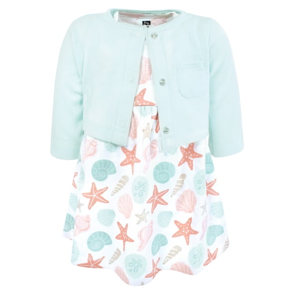 Hudson Baby Infant and Toddler Girls Cotton Dress and Cardigan Set, By The Sea, 3T